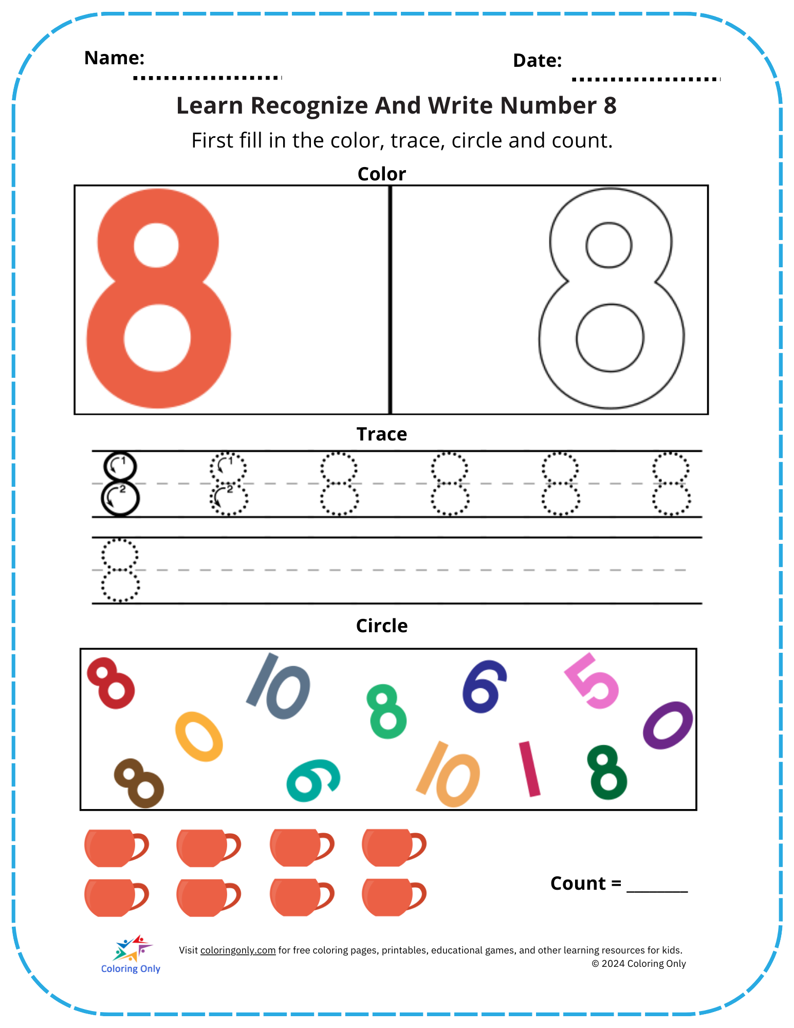 Learn Recognize And Write Number 8 Free Printable Worksheet