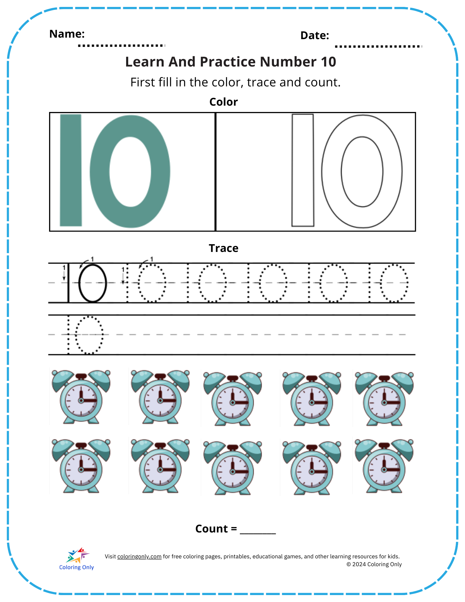 Learn And Practice Number 10 Free Printable Worksheet