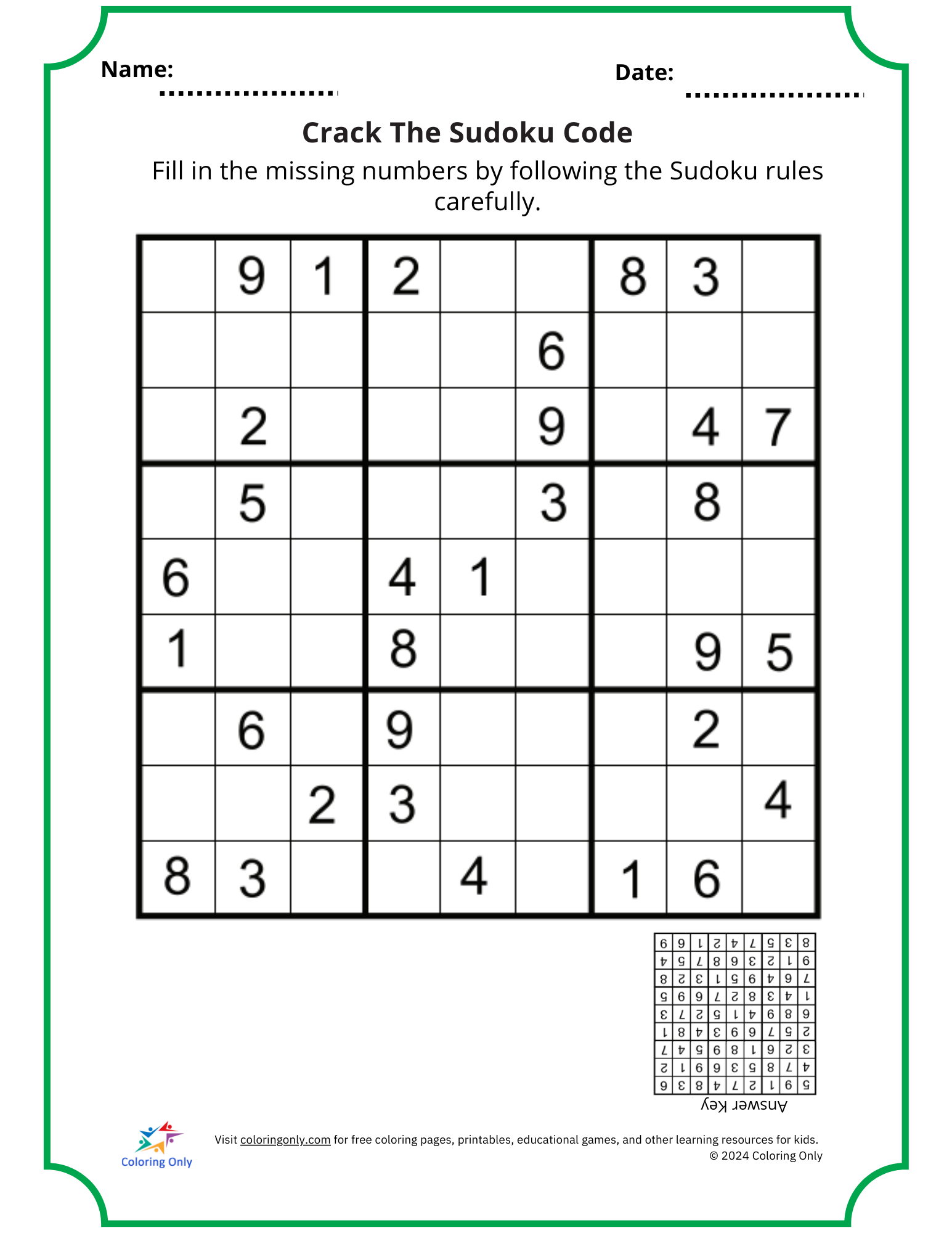 Crack The Sudoku Code Free Printable Worksheet