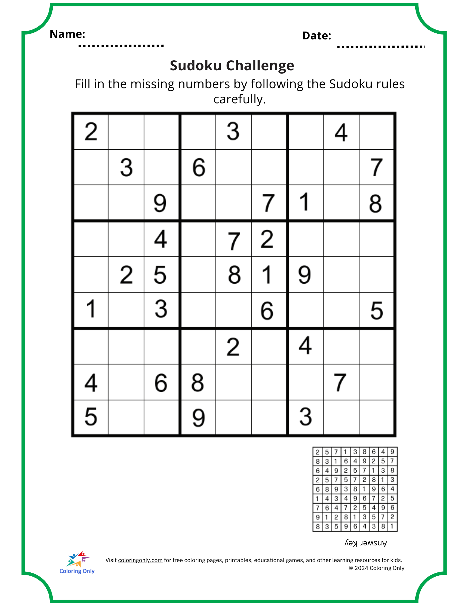 Sudoku Challenge Free Printable Worksheet