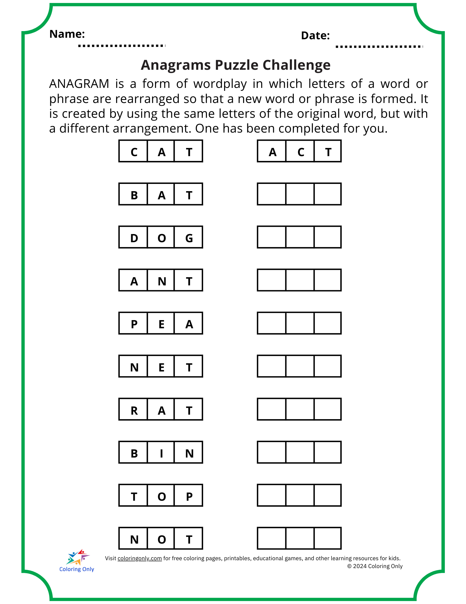 Anagrams Puzzle Challenge Free Printable Worksheet