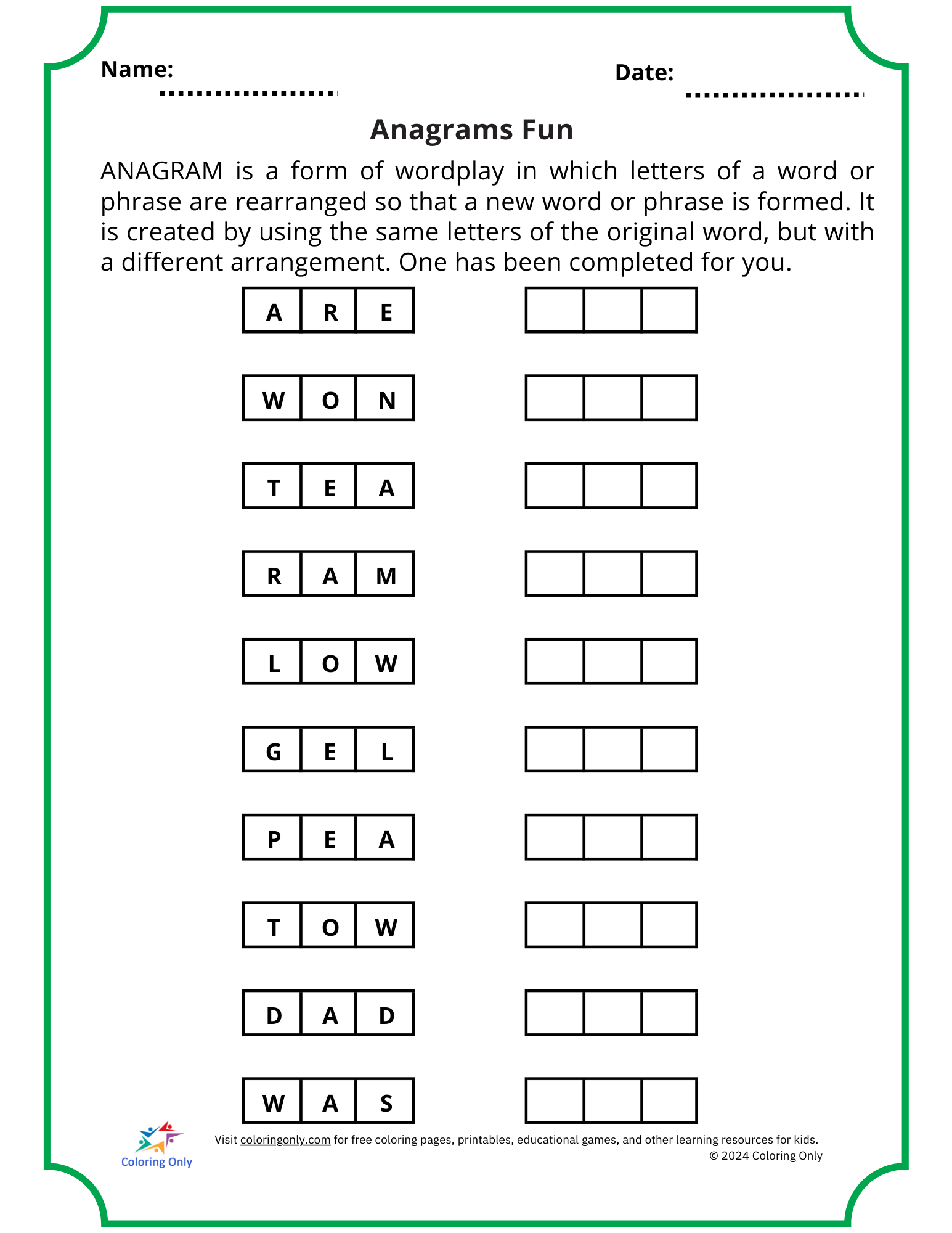 Anagrams Fun Free Printable Worksheet