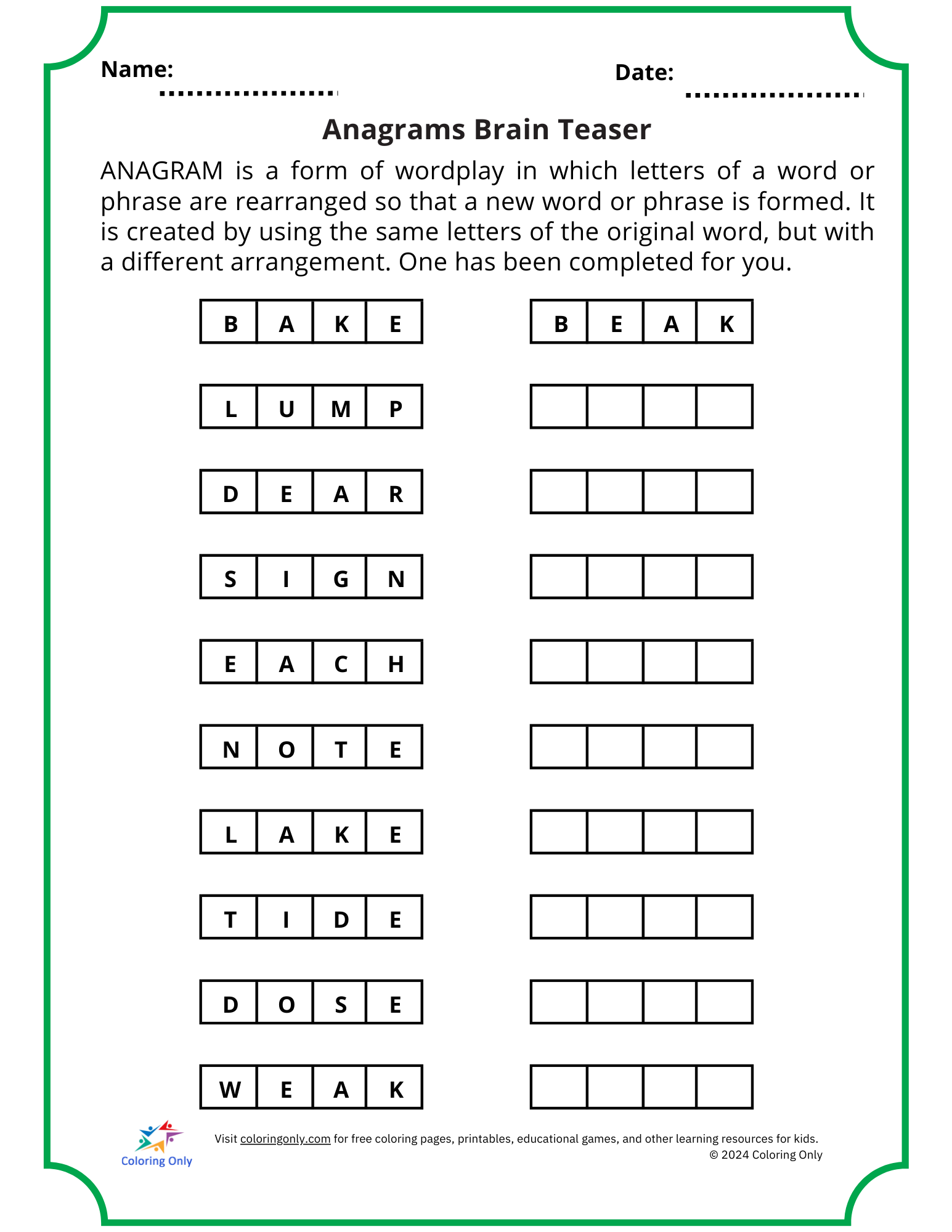 Anagrams Brain Teaser Free Printable Worksheet