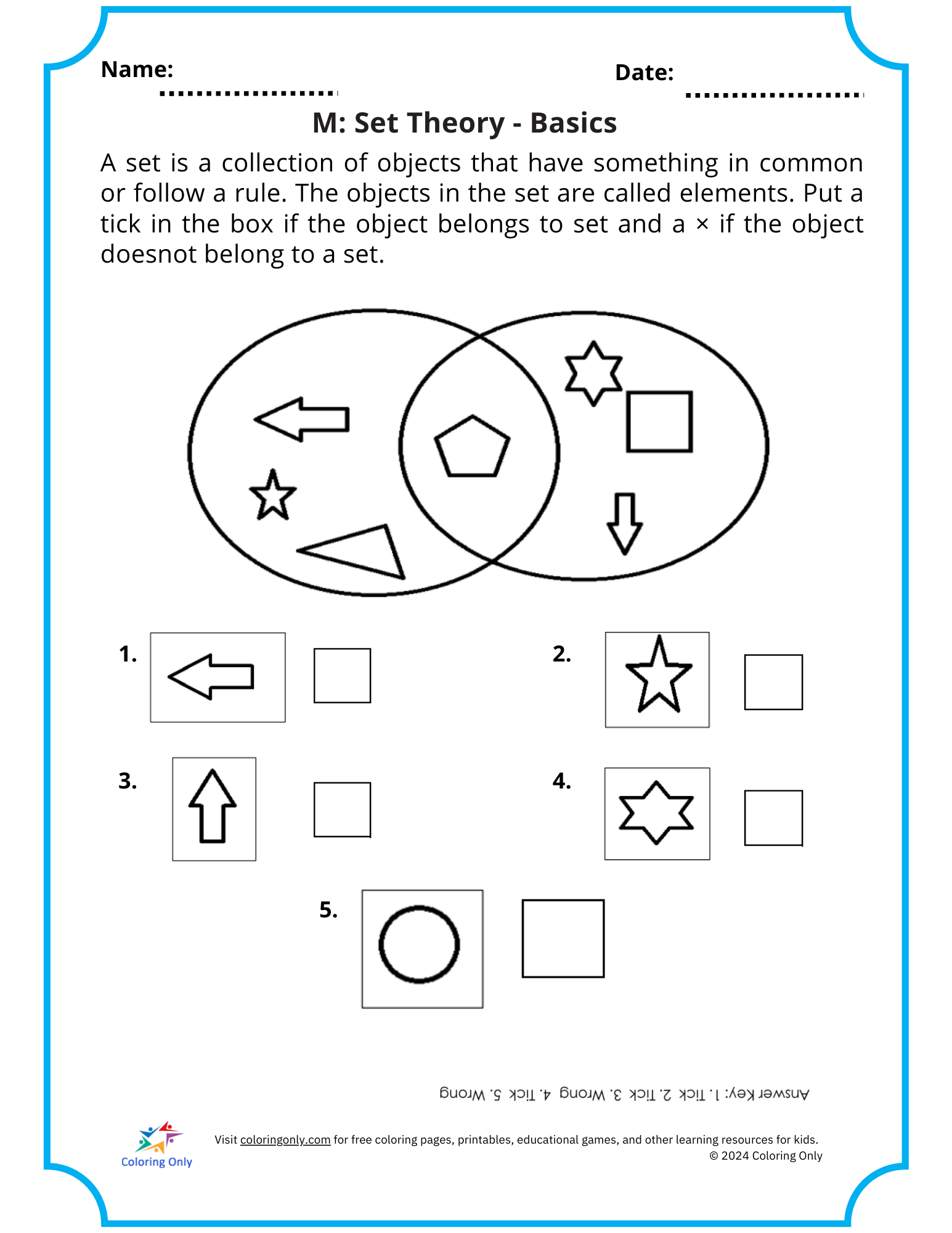 M: Set Theory – Basics Free Printable Worksheet