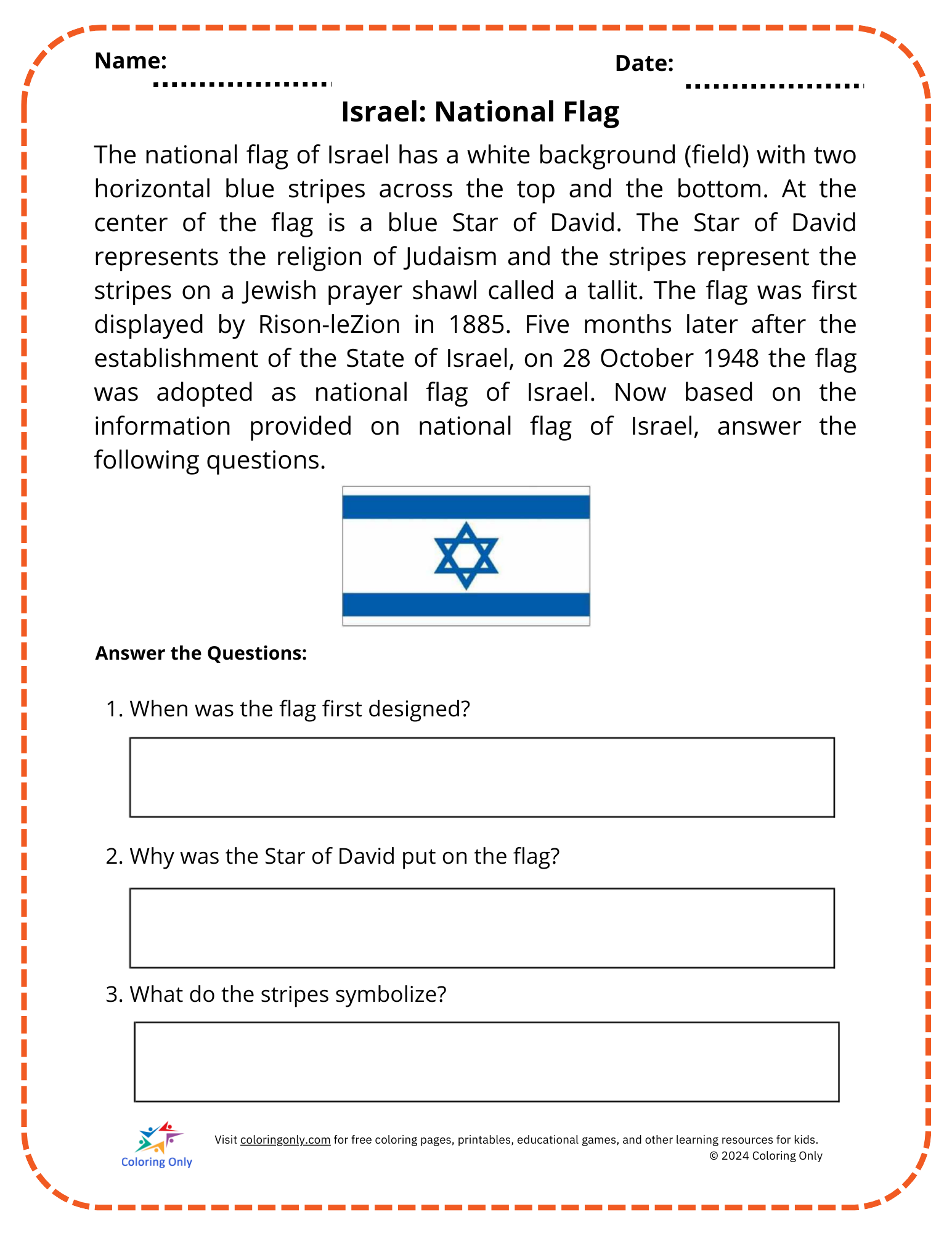 Israel: National Flag Free Printable Worksheet