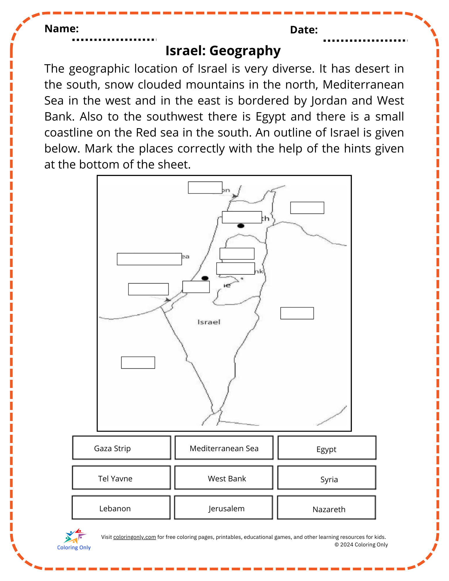 Israel: Geography Free Printable Worksheet