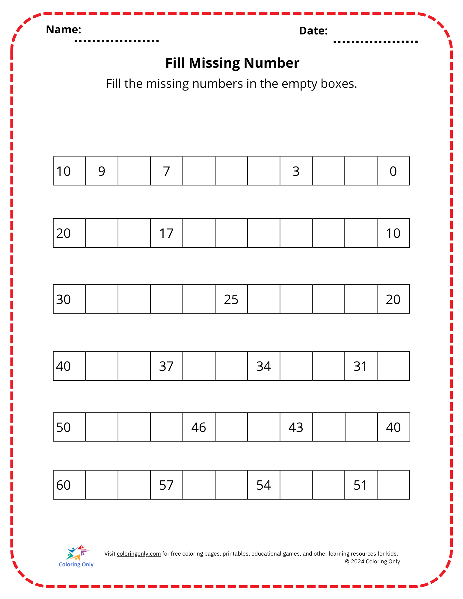 Fill Missing Number Free Printable Worksheet