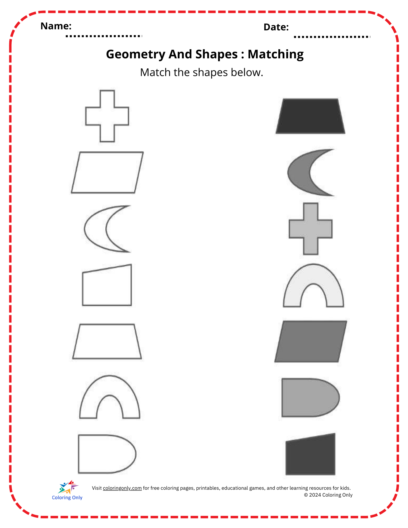 Geometry And Shapes : Matching Free Printable Worksheet