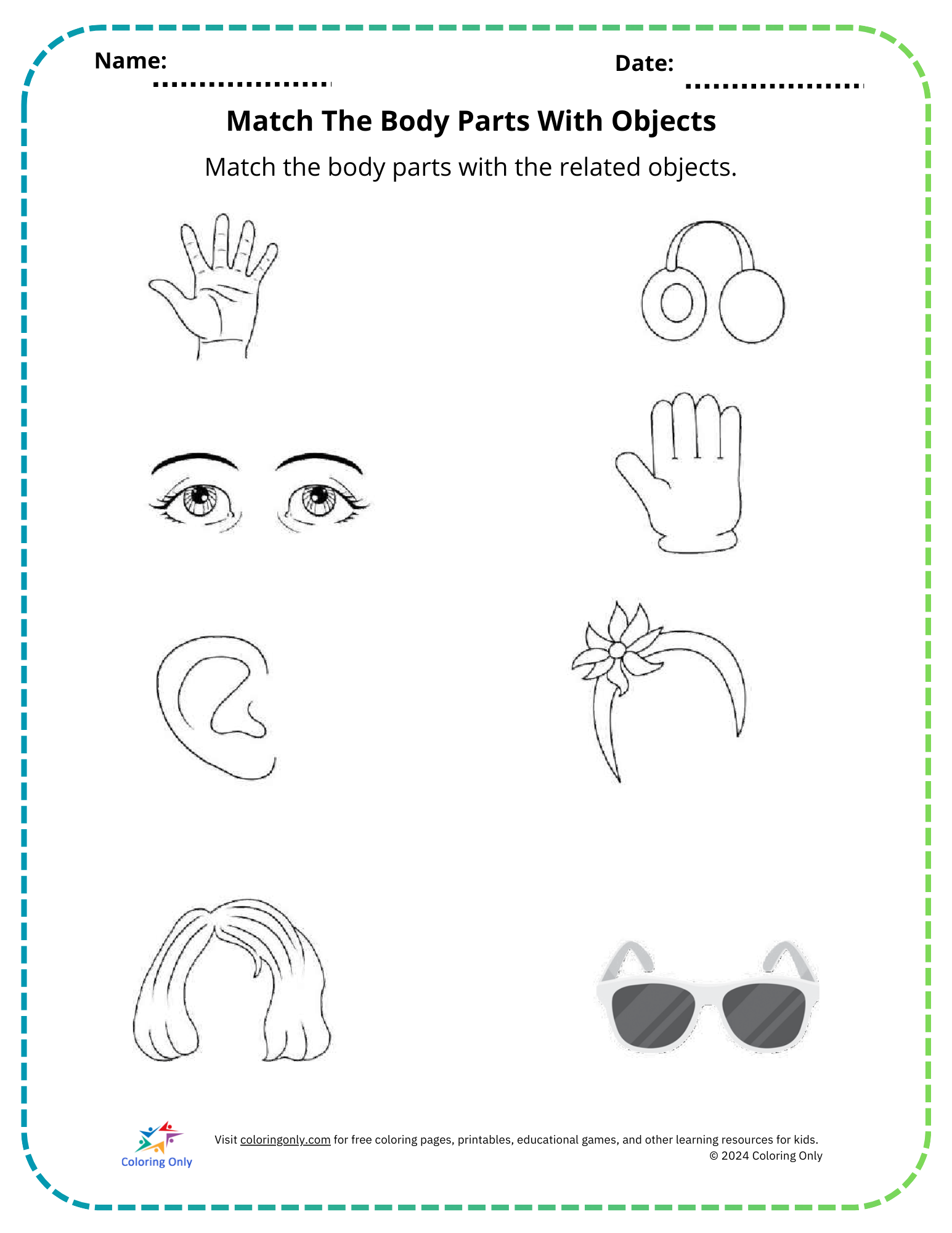 Match The Body Parts With Objects Free Printable Worksheet