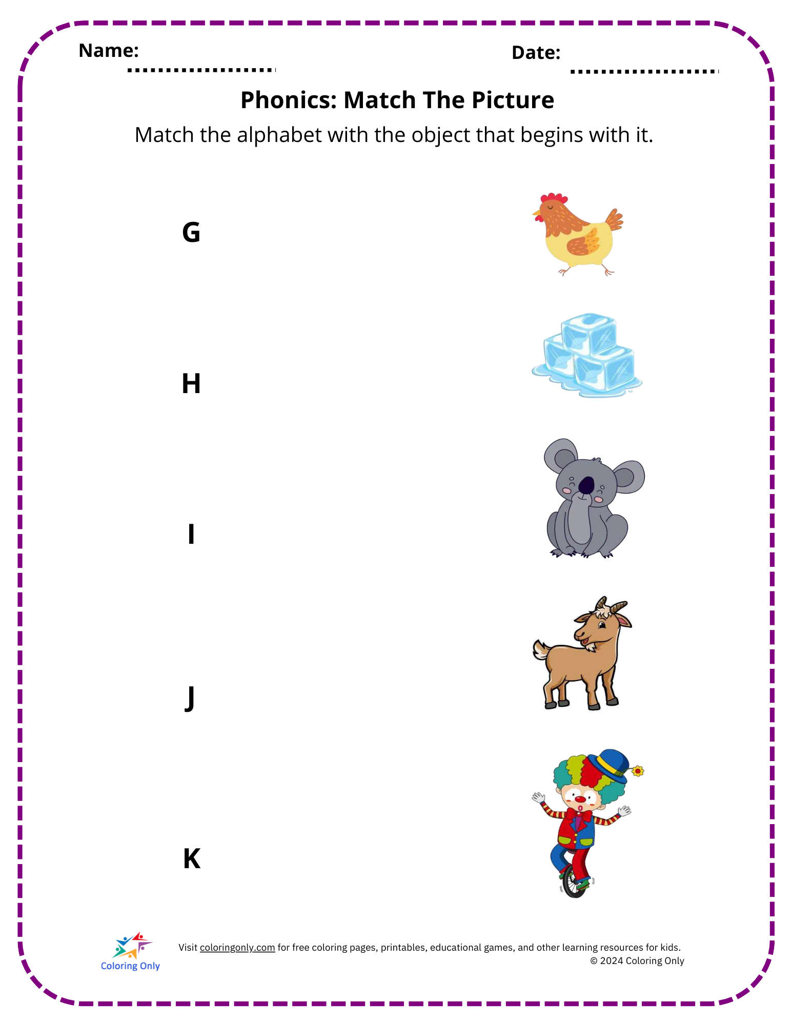 Phonics: Match The Picture Free Printable Worksheet