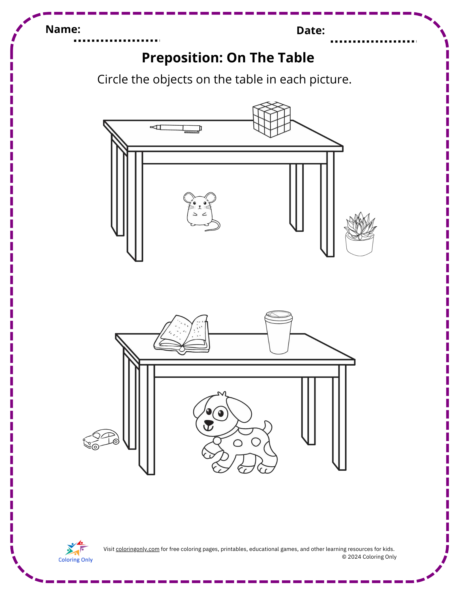 Preposition: On The Table Free Printable Worksheet