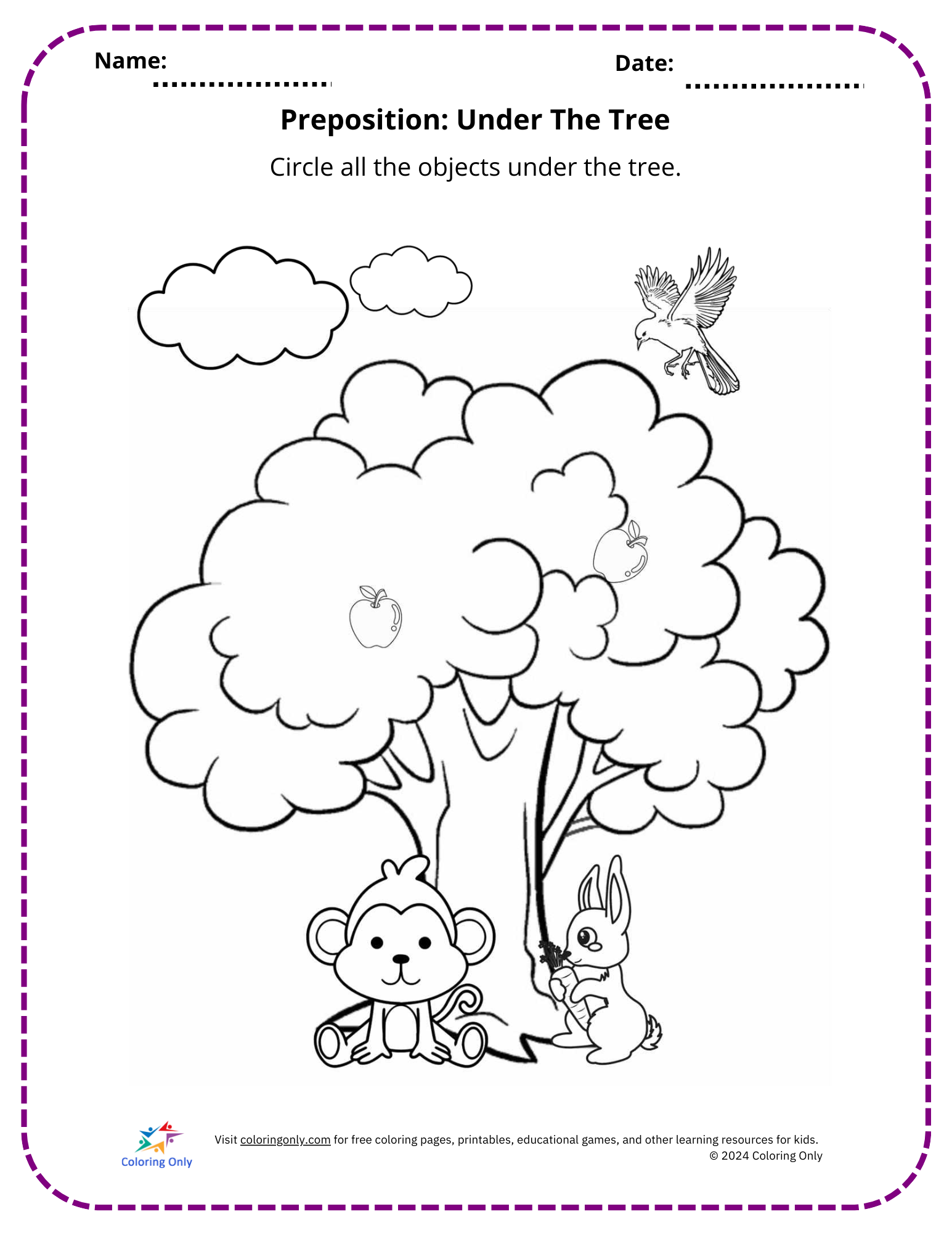 Preposition: Under The Tree Free Printable Worksheet