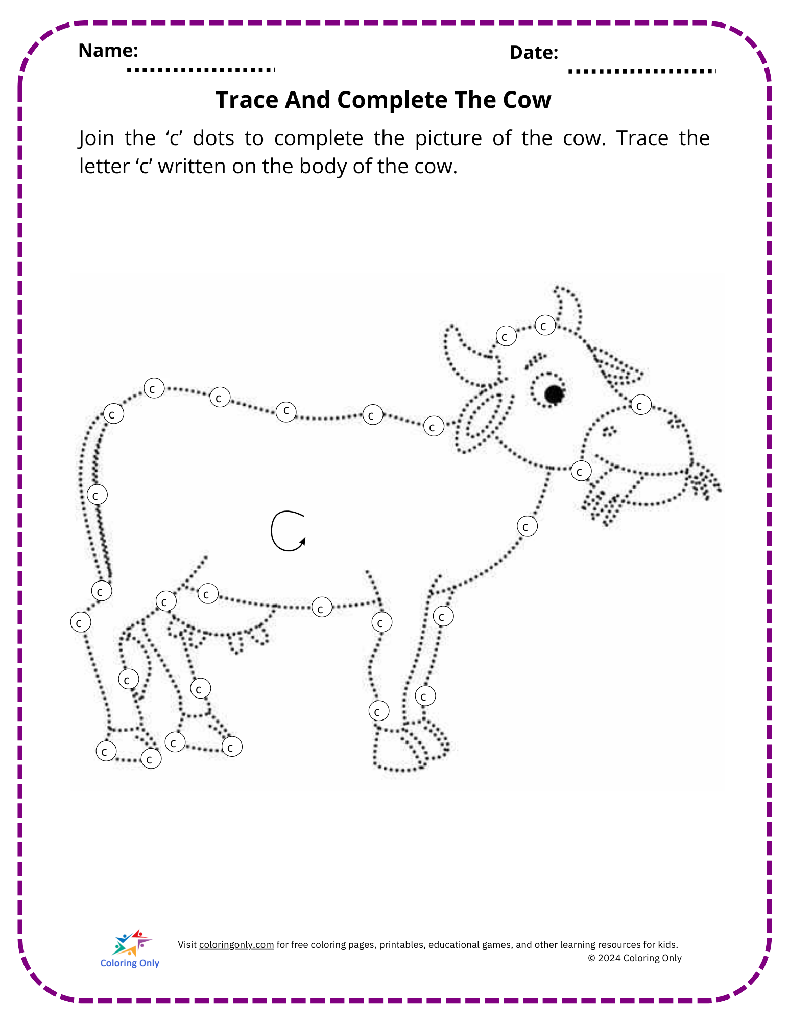 Trace And Complete The Cow Free Printable Worksheet