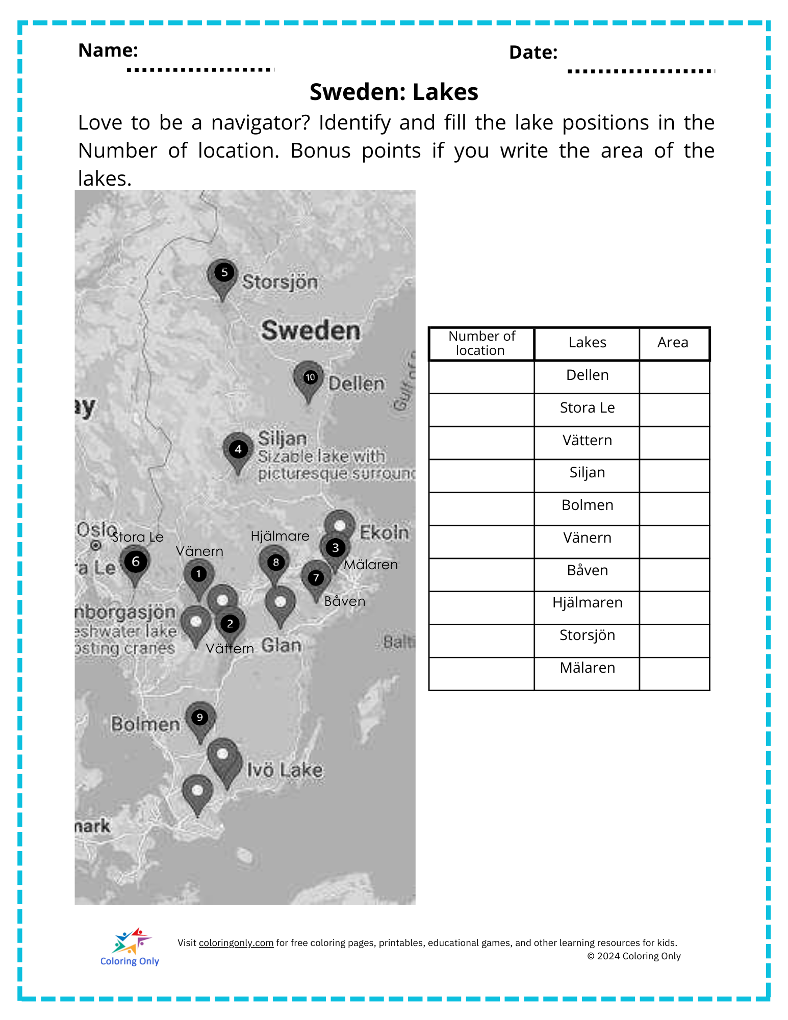 Sweden: Lakes Free Printable Worksheet