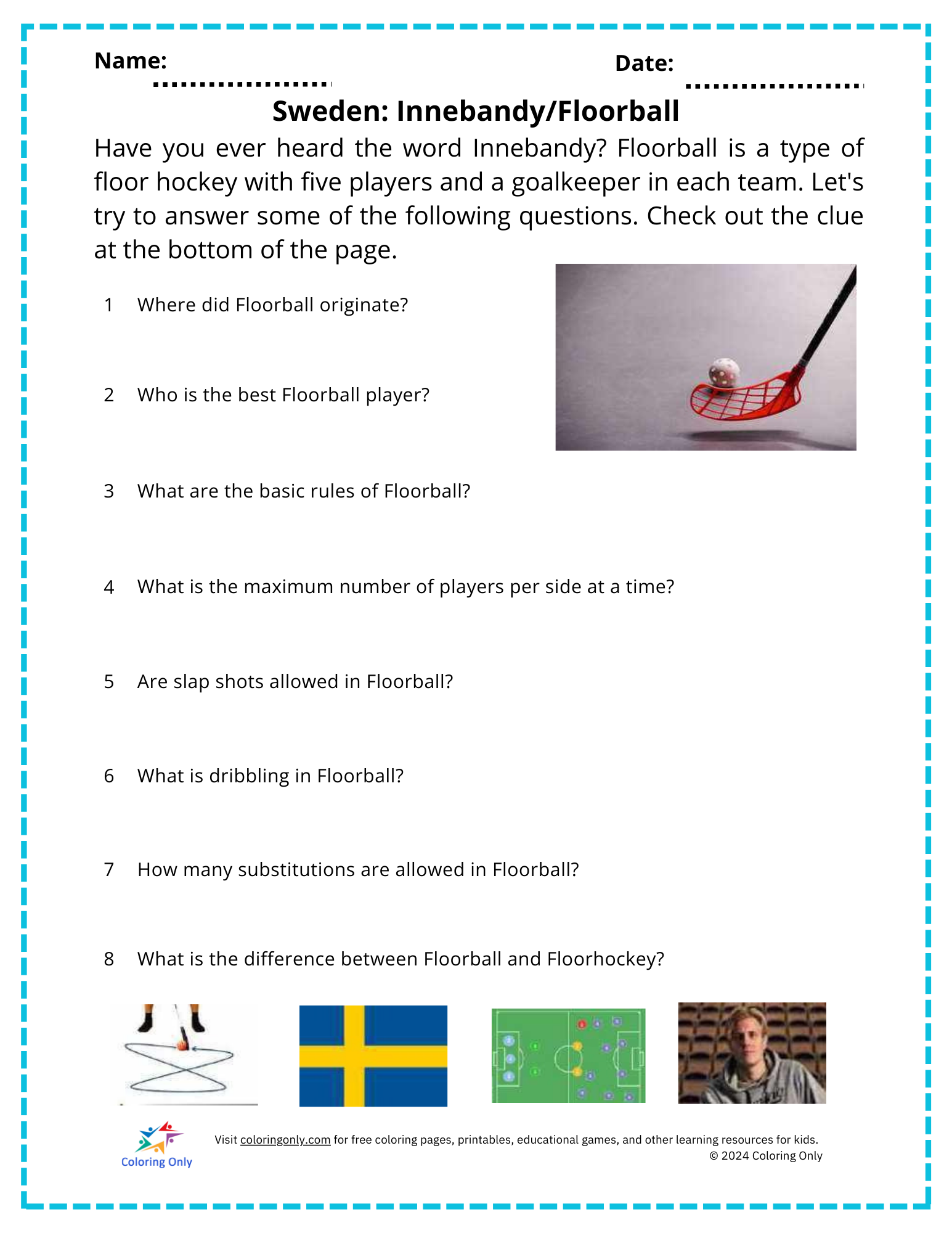 Sweden: Innebandy/Floorball Free Printable Worksheet