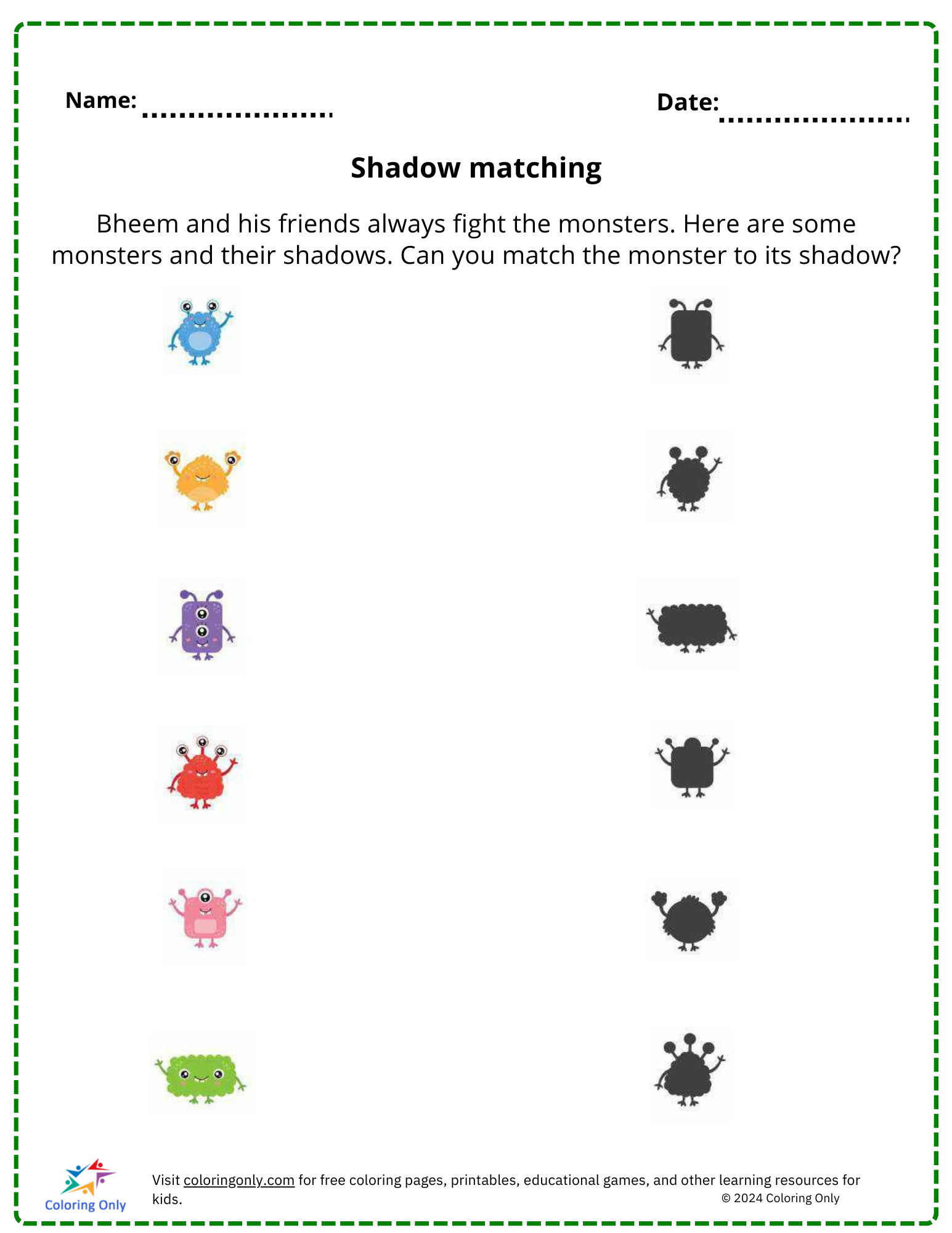 Shadow matching free Printable Worksheet