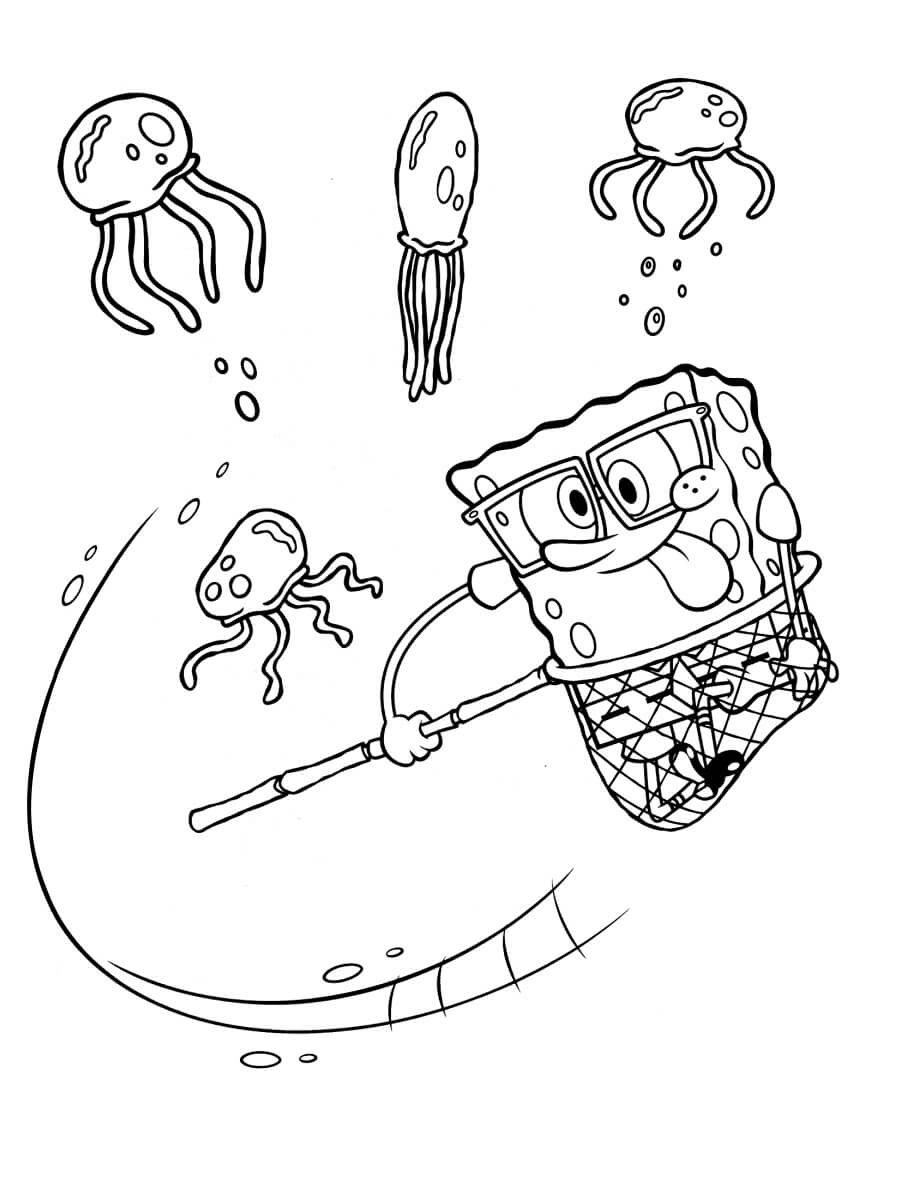 SpongeBob Catching Jellyfish Coloring Page   Free Printable ...