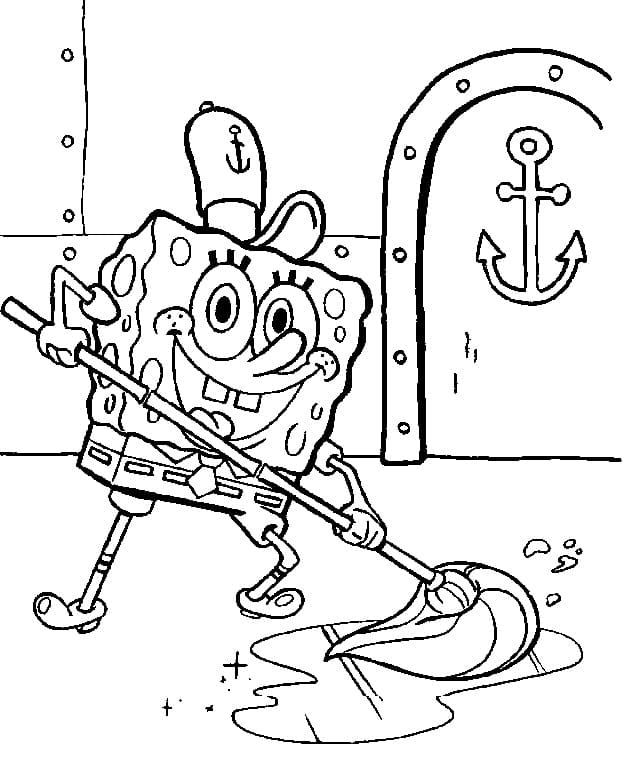 SpongeBob Cleaning Floor Coloring Page - Free Printable Coloring Pages