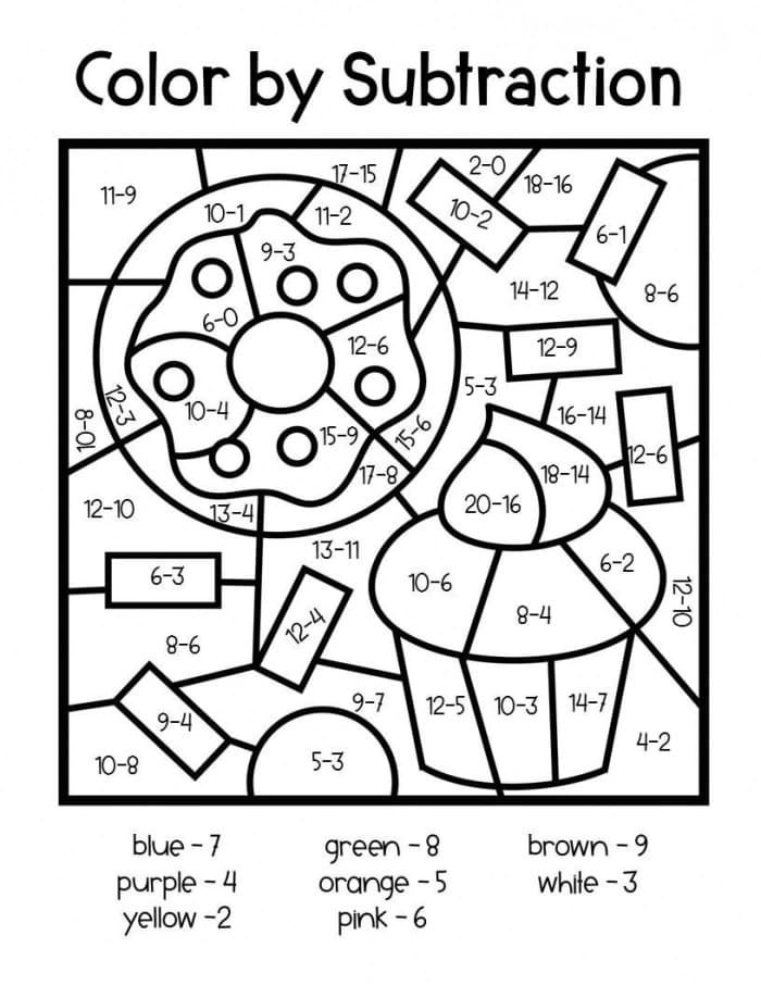 Subtraction Color By Number Worksheet Coloring Page Free Printable 