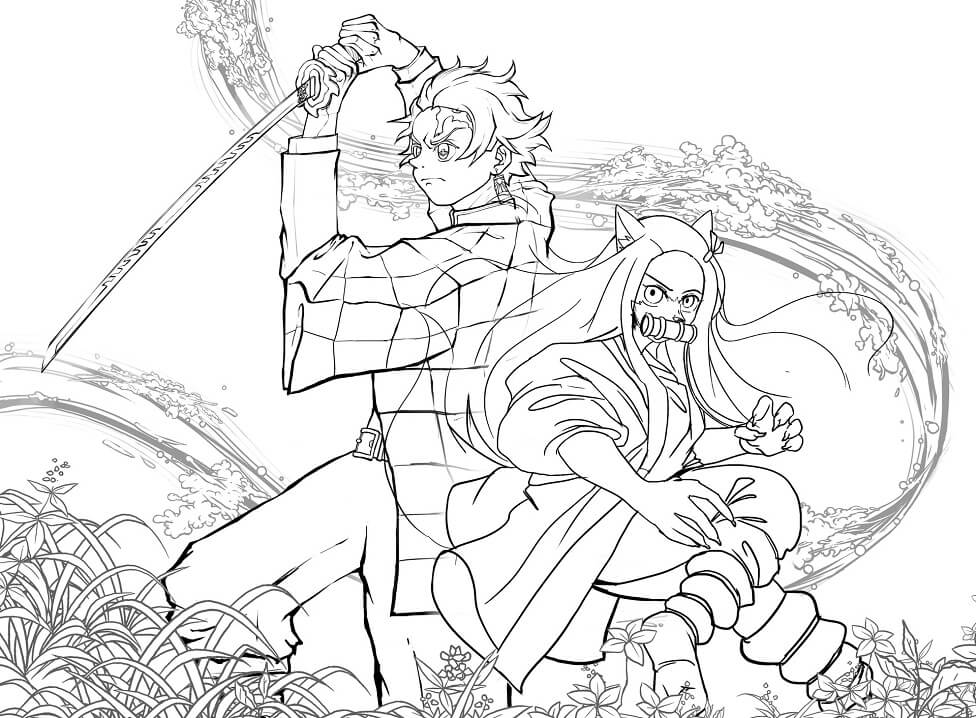 Tanjiro and Nezuko Demon Slayer Coloring Page Free Printable Coloring