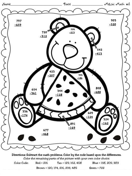 Teddy Bear Subtraction Color By Number