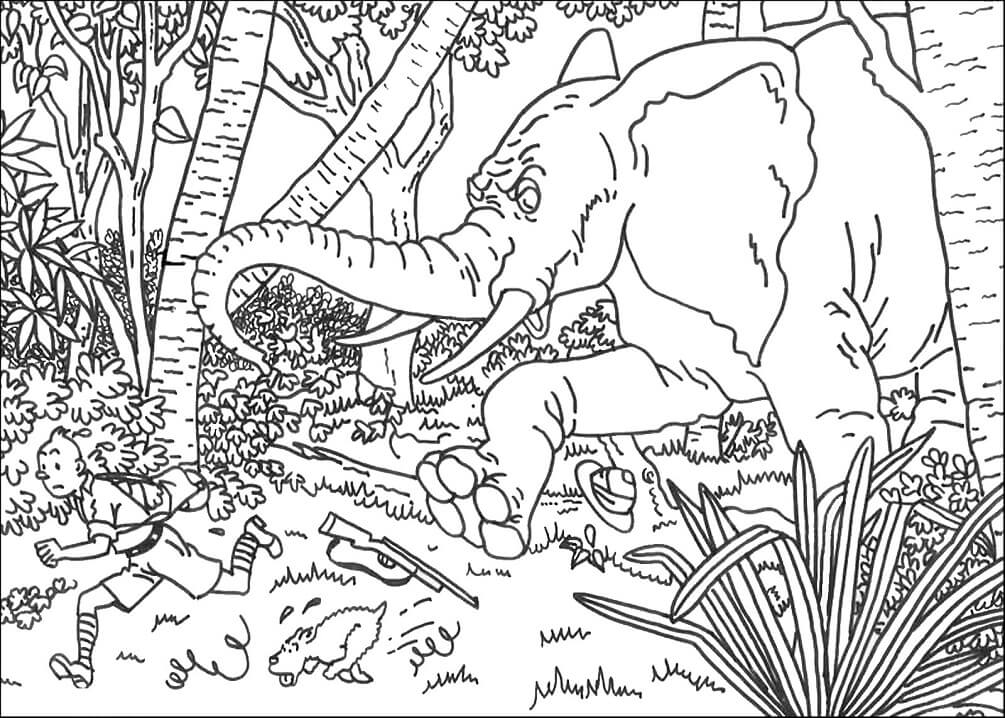 Tintin Running from Elephant Coloring Page - Free Printable Coloring ...