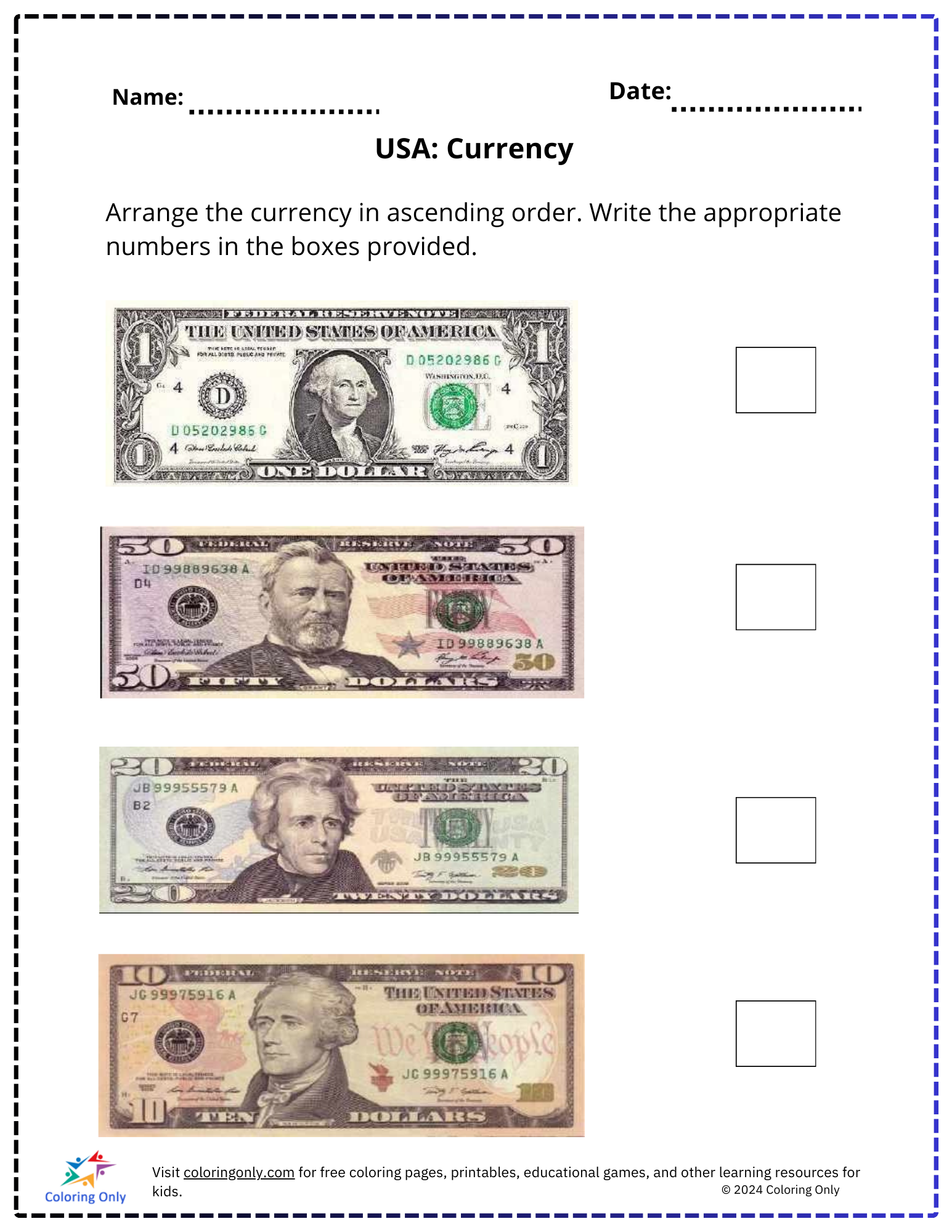 USA: Currency Free Printable Worksheet