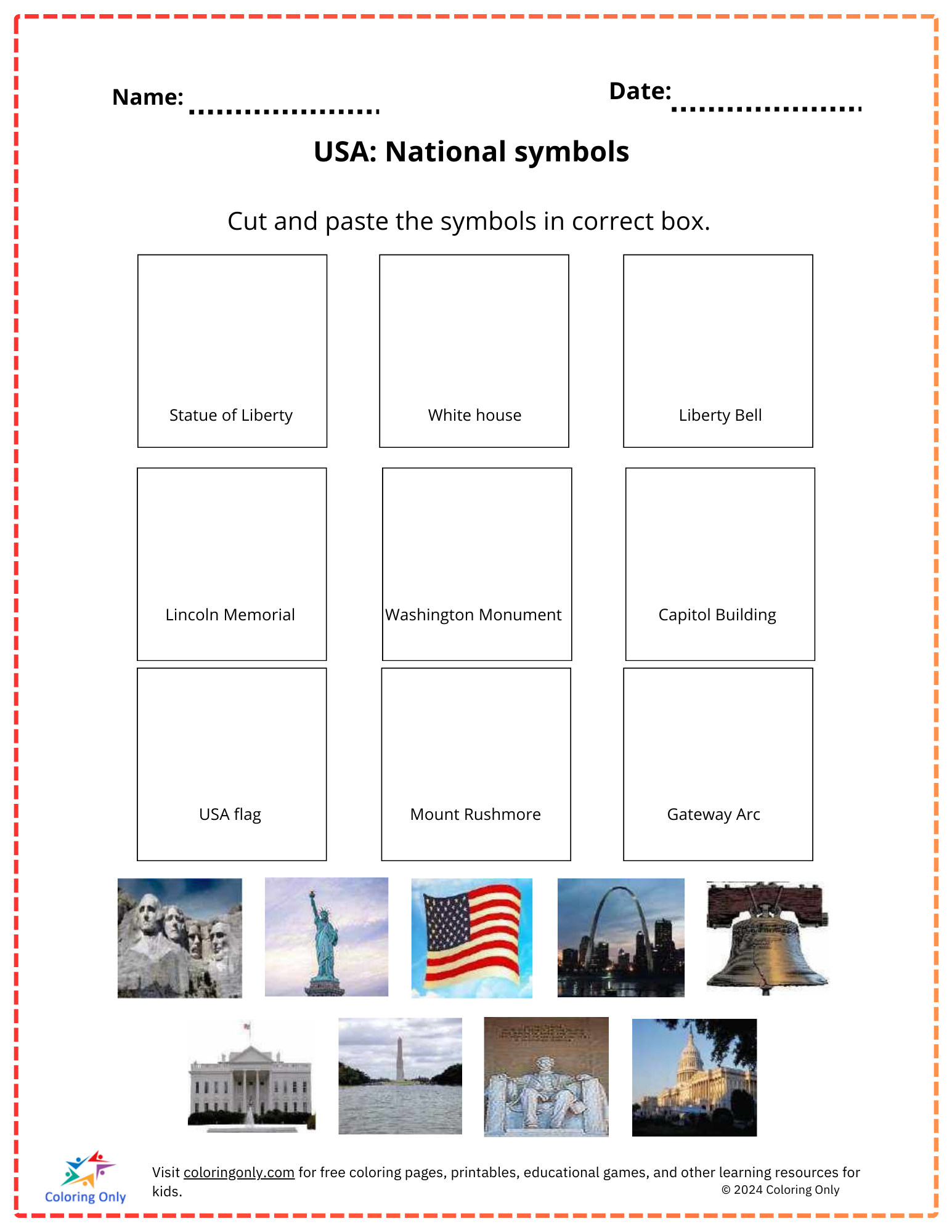 USA: Nationale Symbole Kostenloses druckbares Arbeitsblatt