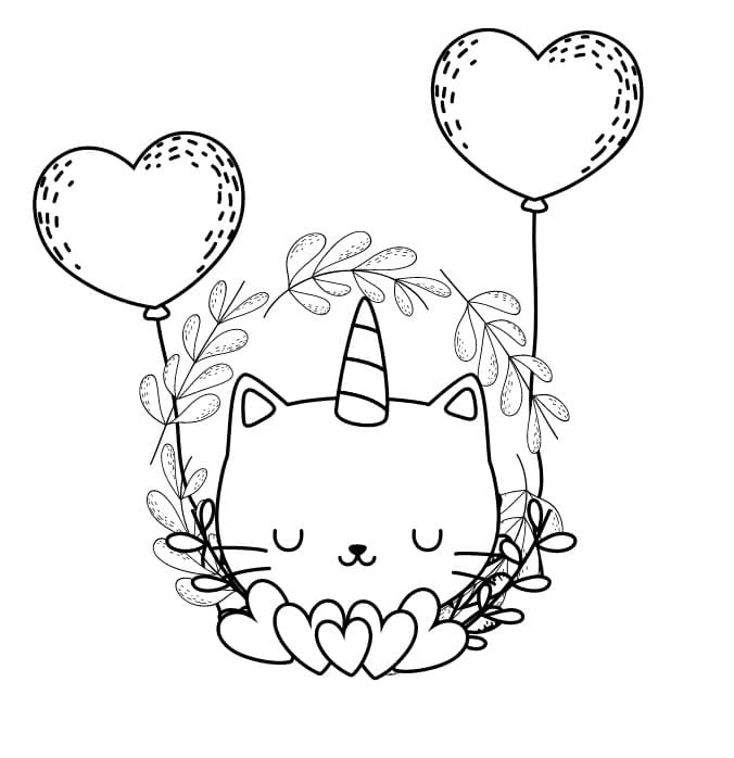 Unicorn Cat and Heart Balloons