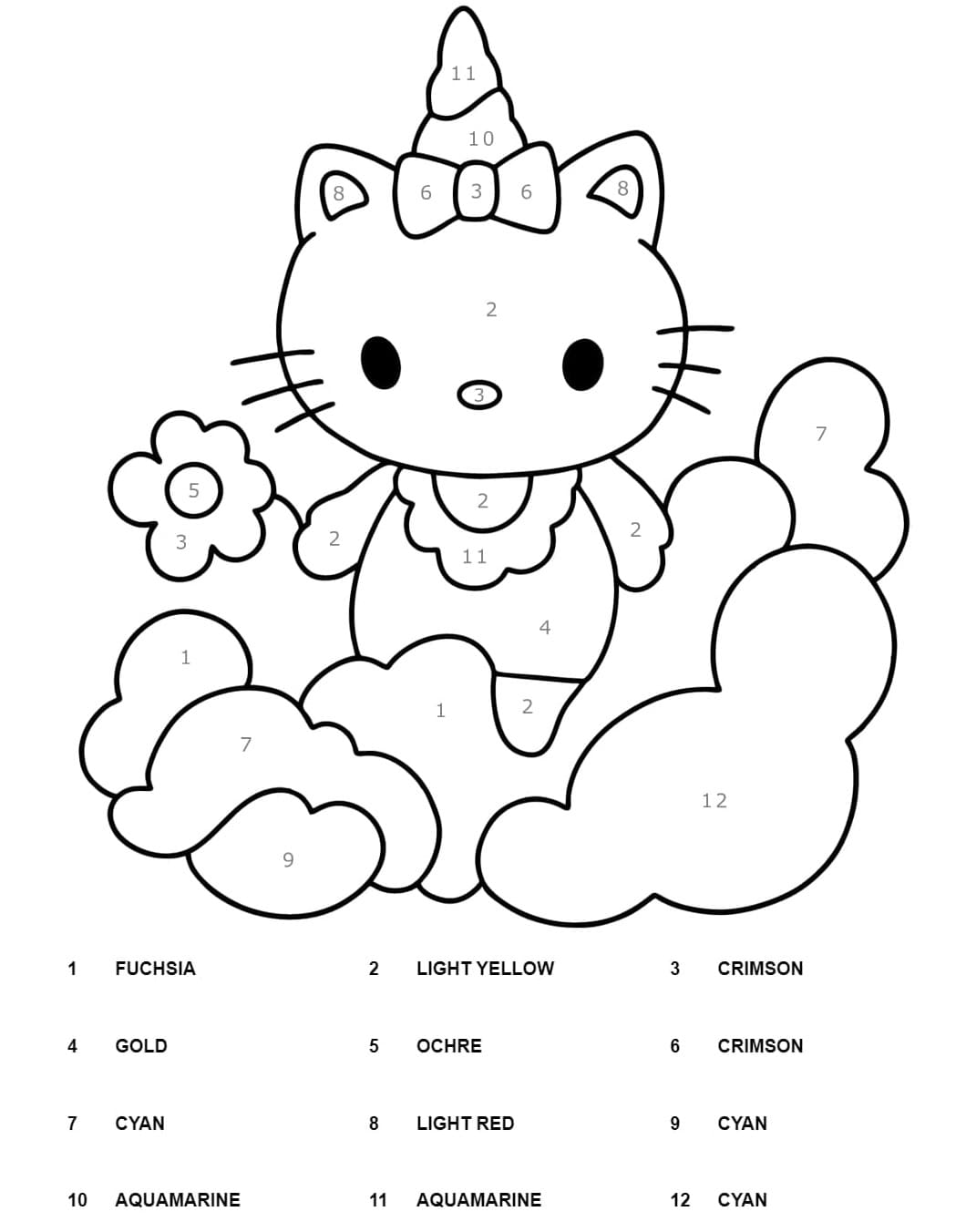 unicorn hello kitty color by number coloring page free printable coloring pages for kids