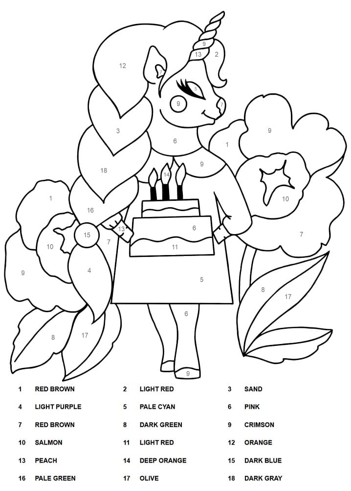 Unicorn and Cake Color By Number