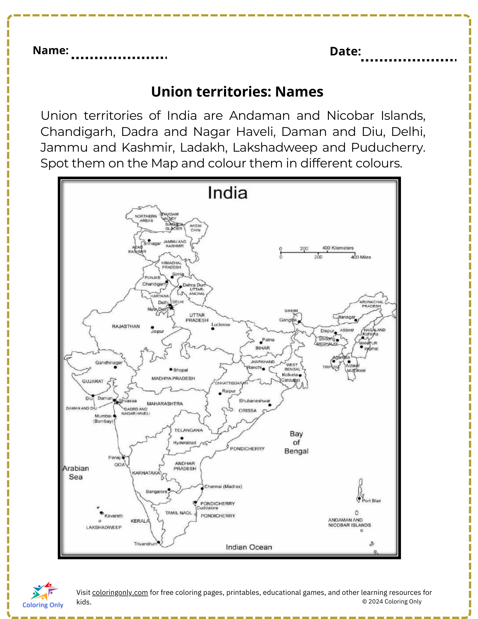 Union territories: Names free Printable Worksheet