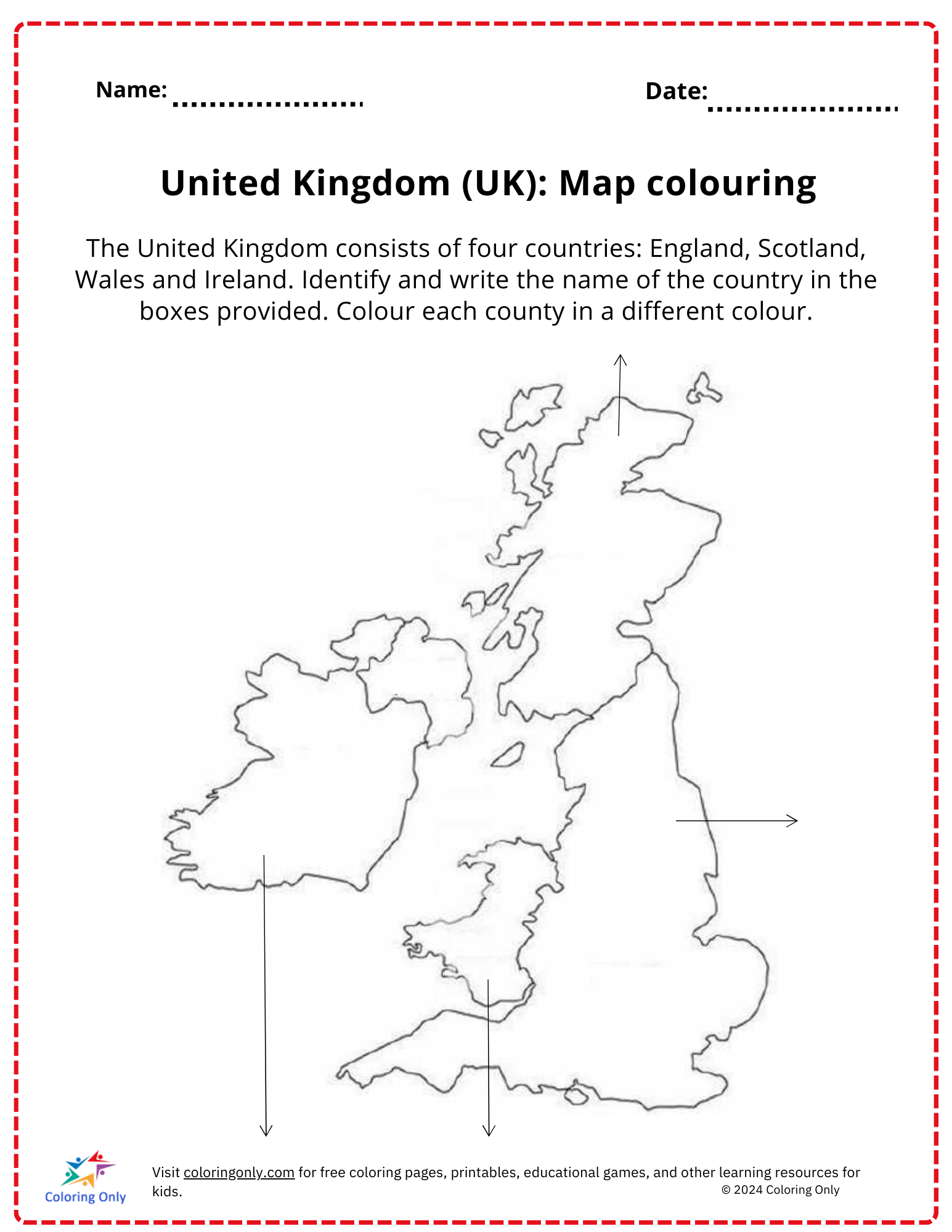 United Kingdom (UK): Map colouring Free Printable Worksheet