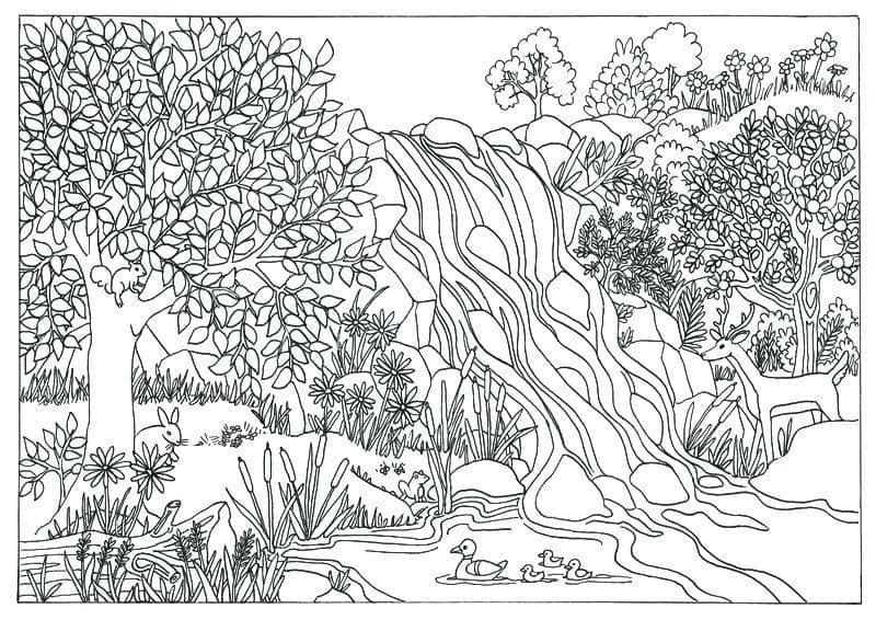 Waterfall Landscape Scene Coloring Page - Free Printable Coloring Pages ...