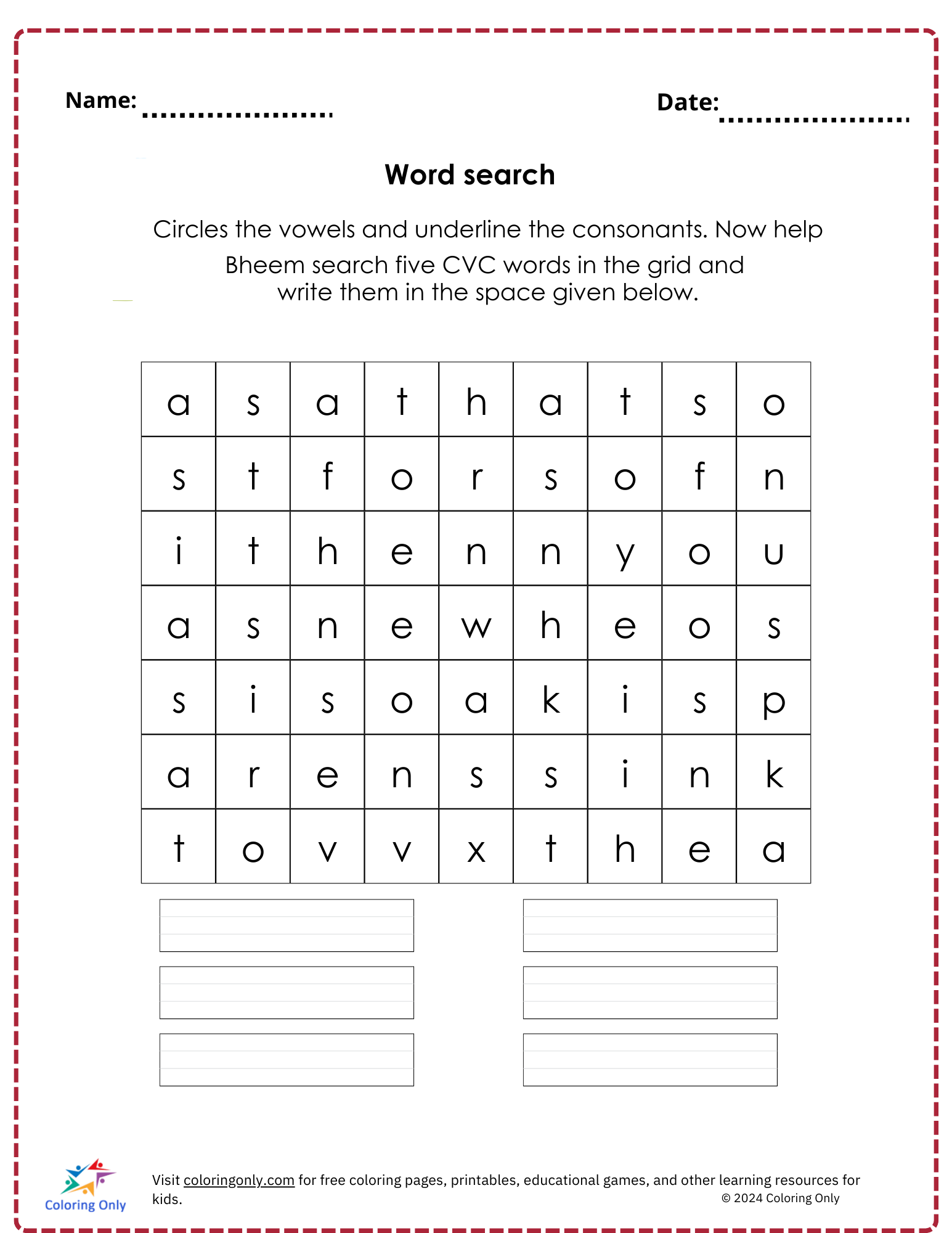 Word search free Printable Worksheet