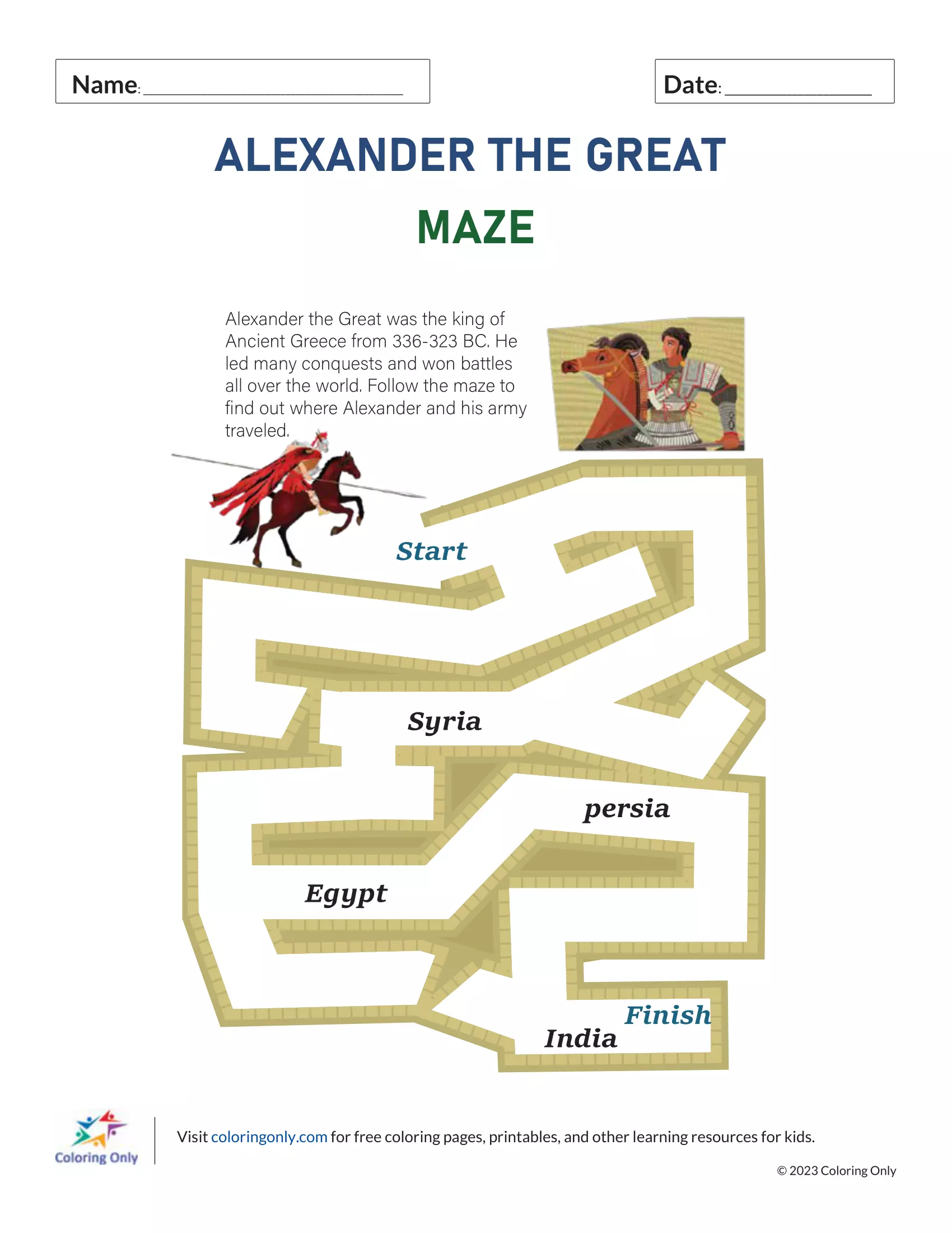 Alexander the Great Maze Free Printable Game Coloring Page - Free ...