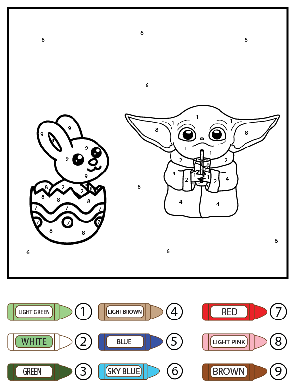 Baby Yoda and Easter Bunny Egg Color by Number Färbung Seite