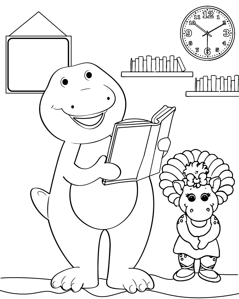 Barney reading to baby bop coloring page