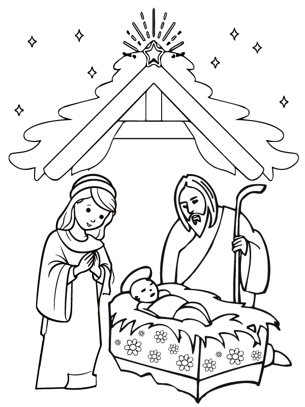 Nativity Scene and Palm Tree Coloring Page - Free Printable Coloring ...
