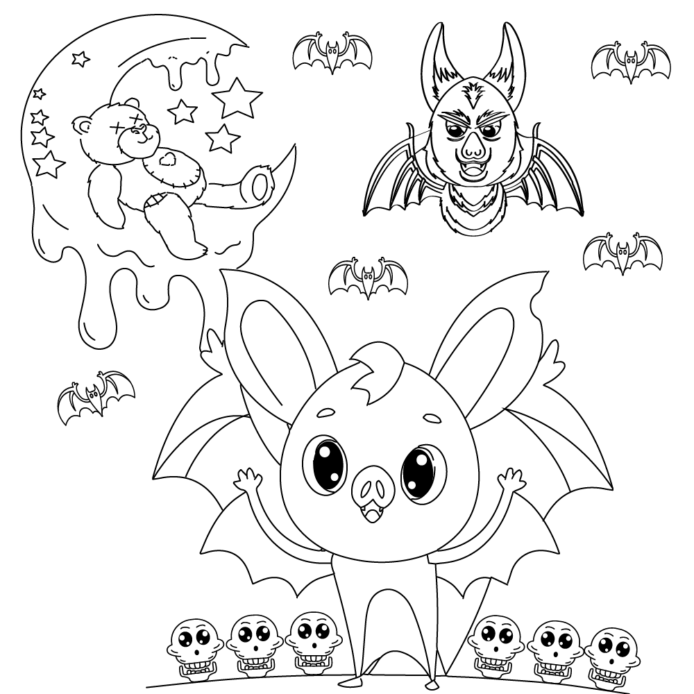 Creepy Kawaii Bats Coloring Page - Free Printable Coloring Pages for Kids