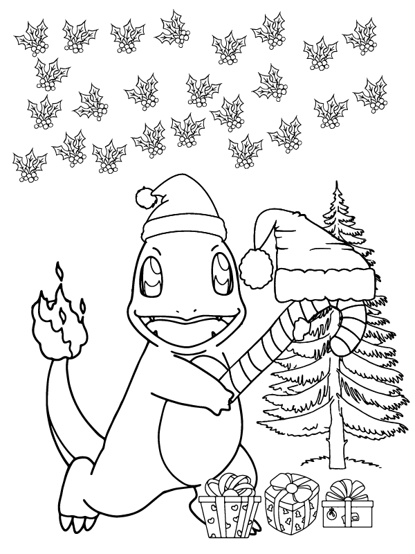 Cute Charmander Pokemon Christmas Coloring Page Free Printable