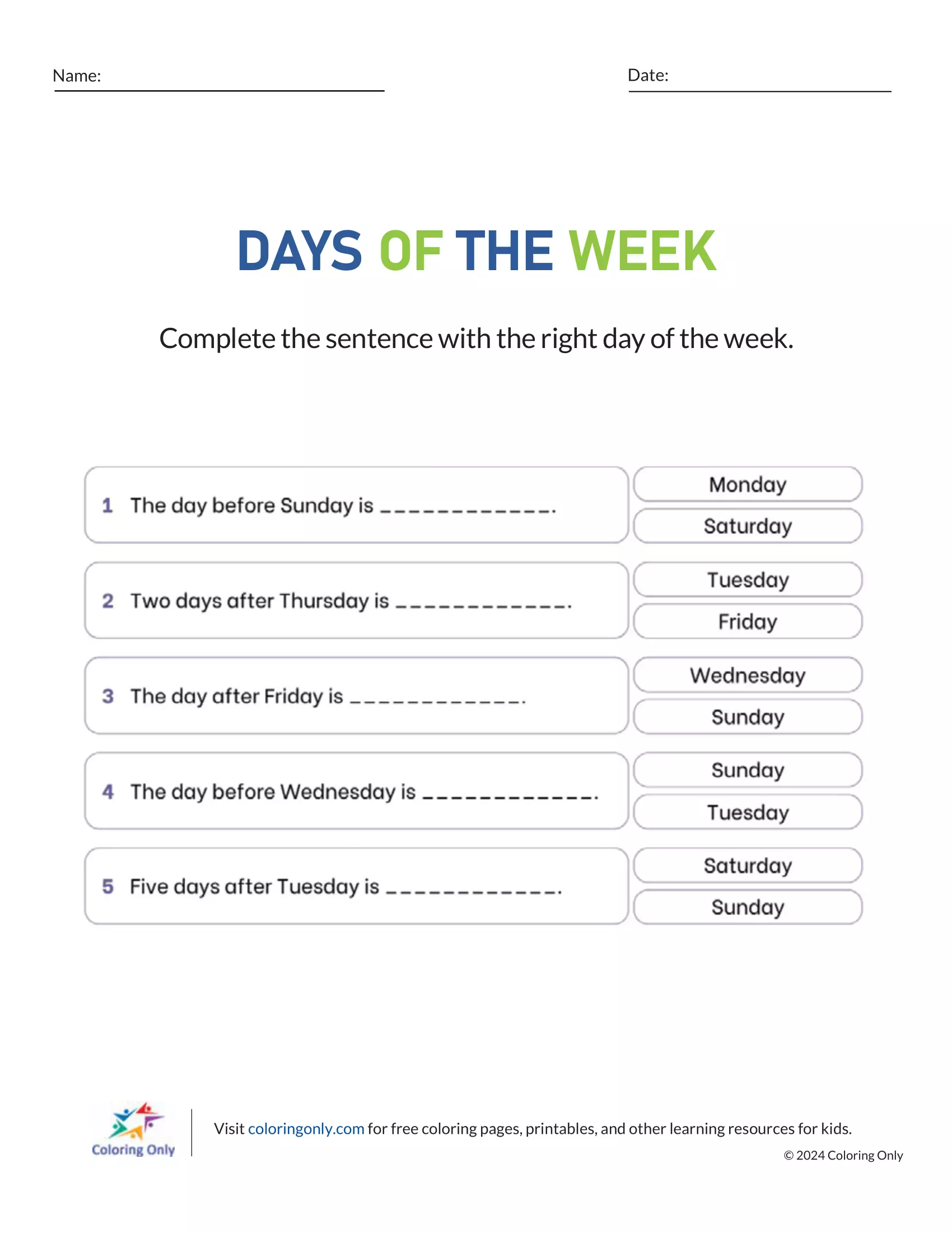 Days Of The Week Printable Worksheet