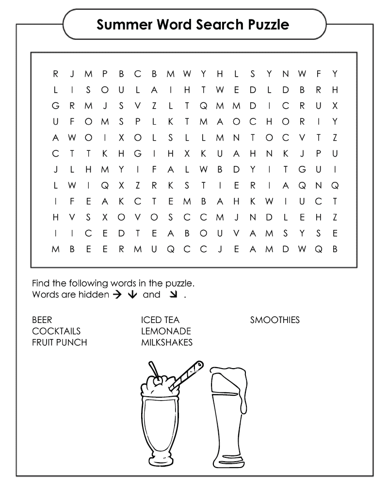 Drinks summer word search easy