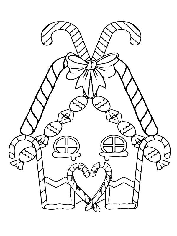 Gingerbread house and Candy Cane Coloring Page - Free Printable