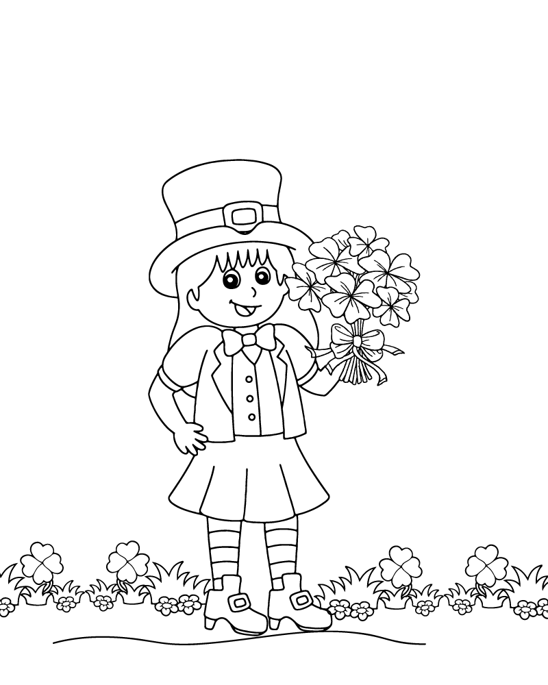 Girl Leprechaun Holding Flowers Coloring Page - Free Printable Coloring ...