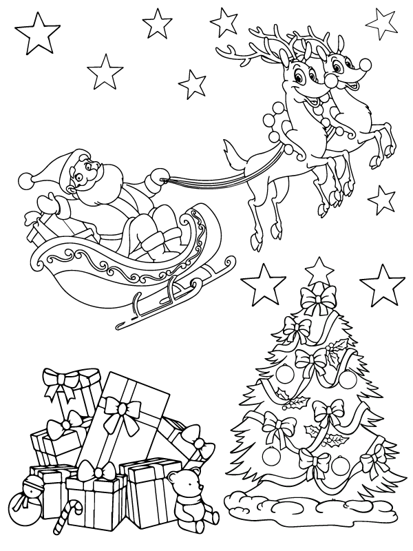 Happy Santa Claus on Sleigh flying with Reindeers - Coloring Pages