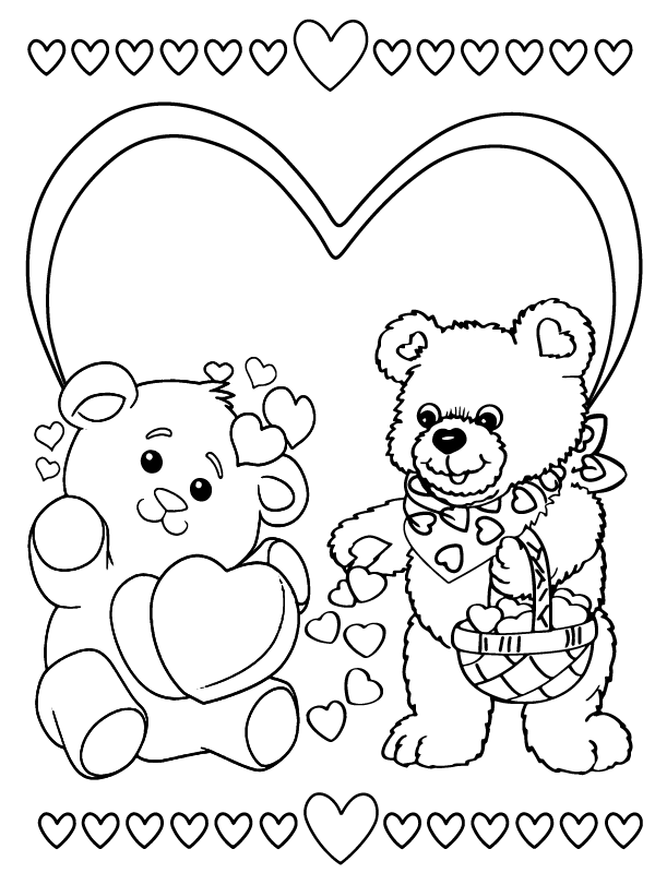 Hearts and Cute Valentine Bears - Coloring Pages