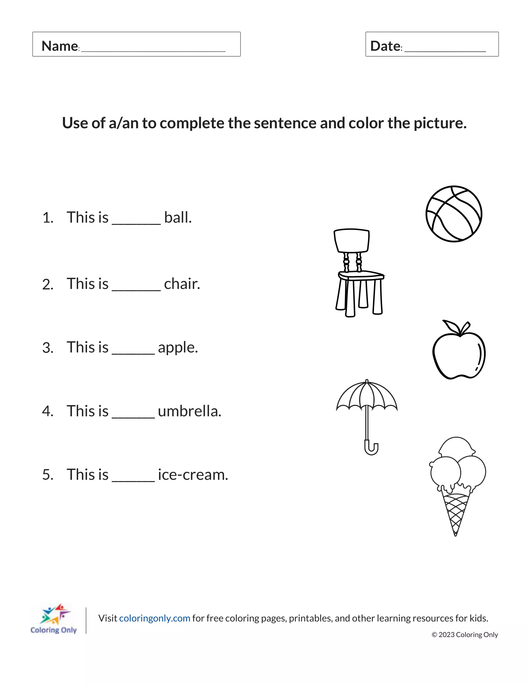 'A/An' Usage and Coloring Coloring Page - Free Printable Coloring Pages ...