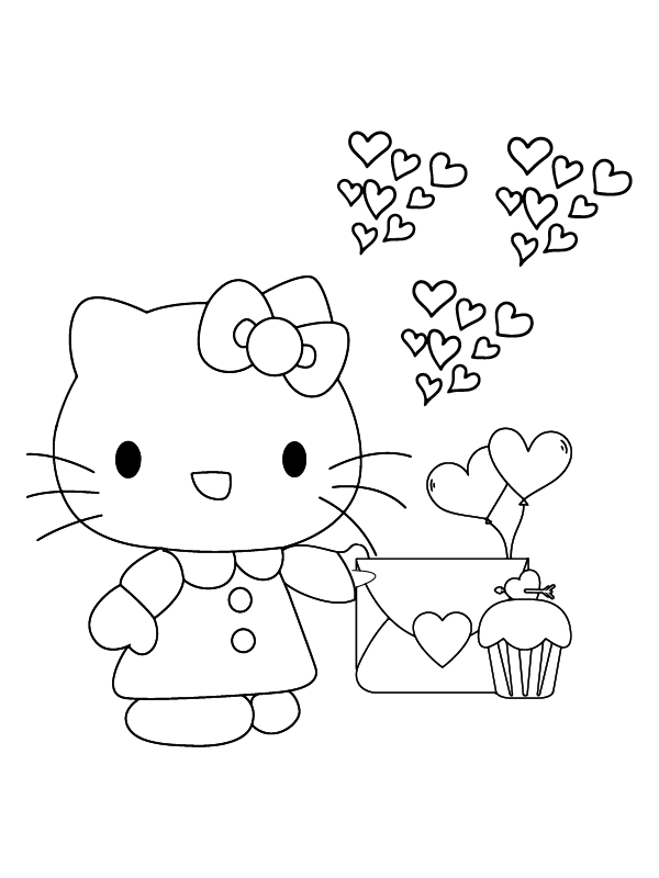 Hello Kitty Flying with Valentine Hearts Coloring Page - Free Printable ...
