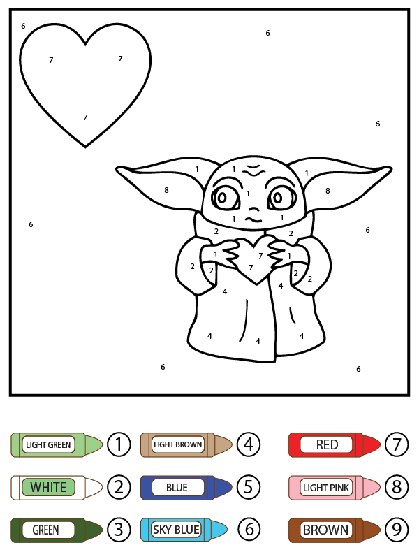 Lovely Baby Yoda and Big Heart Color by Number - Coloring Pages